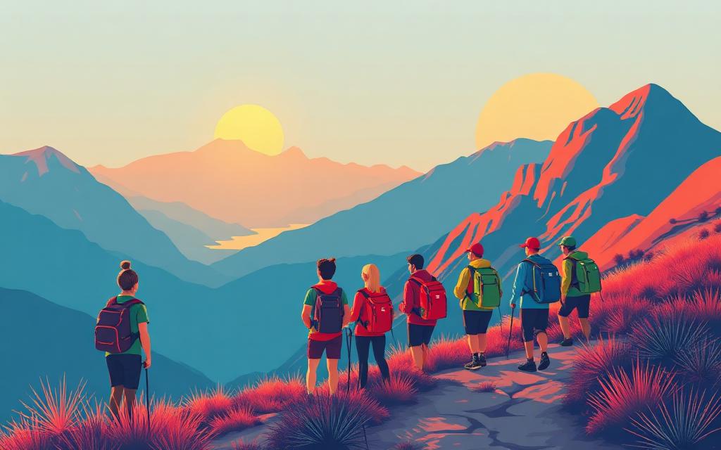 Hikers on a mountain trail at golden hour